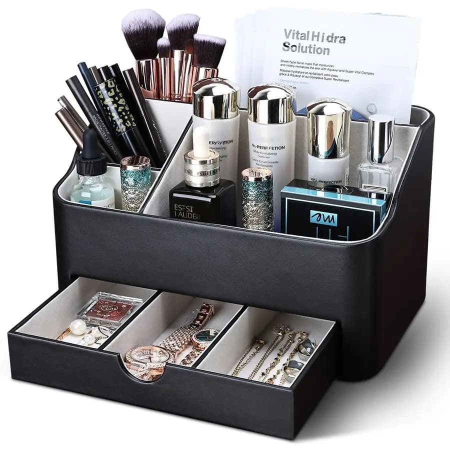 Organizer per Trucchi in Pelle con Cassetto, Contenitore Cosmetico per Comodino e Mobile da Bagno, Porta Rossetti e Prodotti di Bellezza