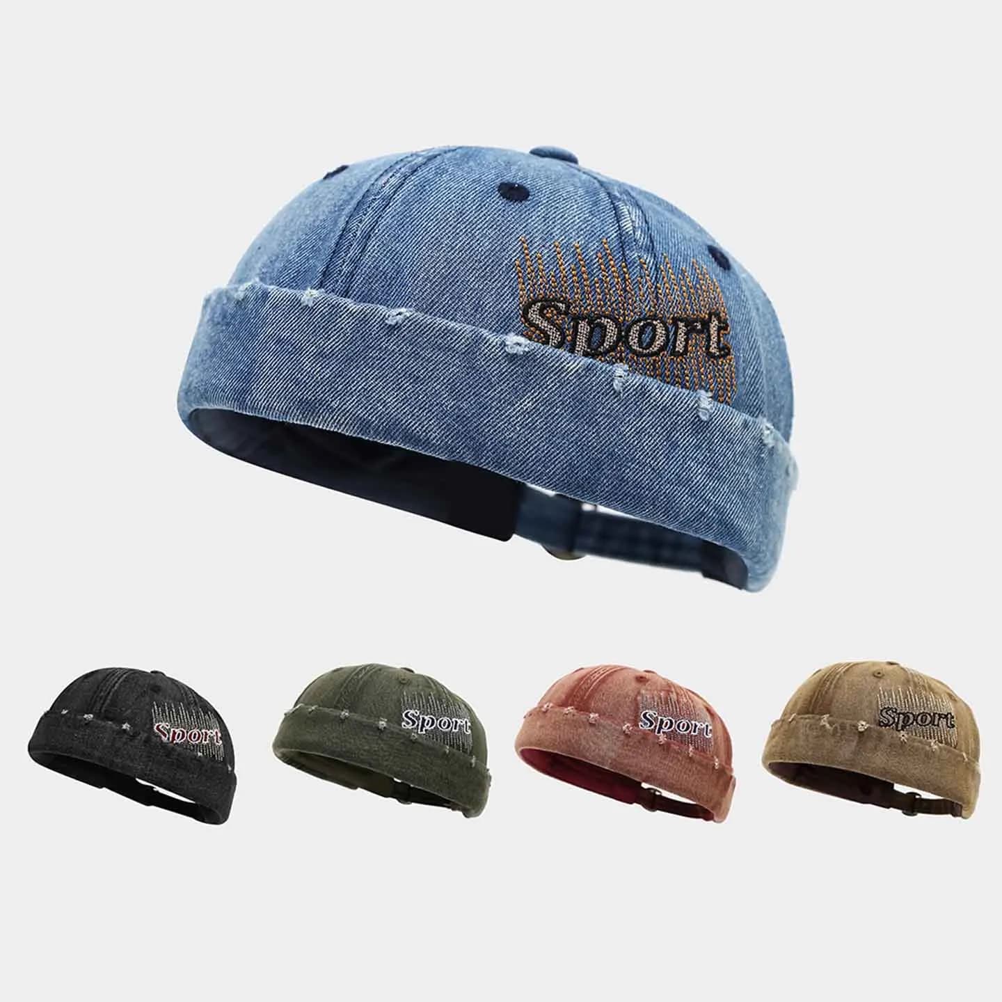 Vintage Washed Denim Brimless Hat for Men & Women Distressed Docker Cap Adjustable Casual Sailor Cap Skullcap Beanie Hat