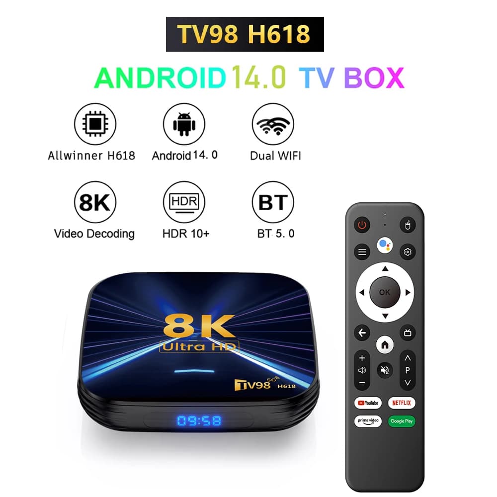 TV98 H618 Smart TV Box Allwinner H618 4GB RAM 64GB ROM Android 14 2.4G&5.8G Dual‑Band WiFi 8K HDR Video Media Player
