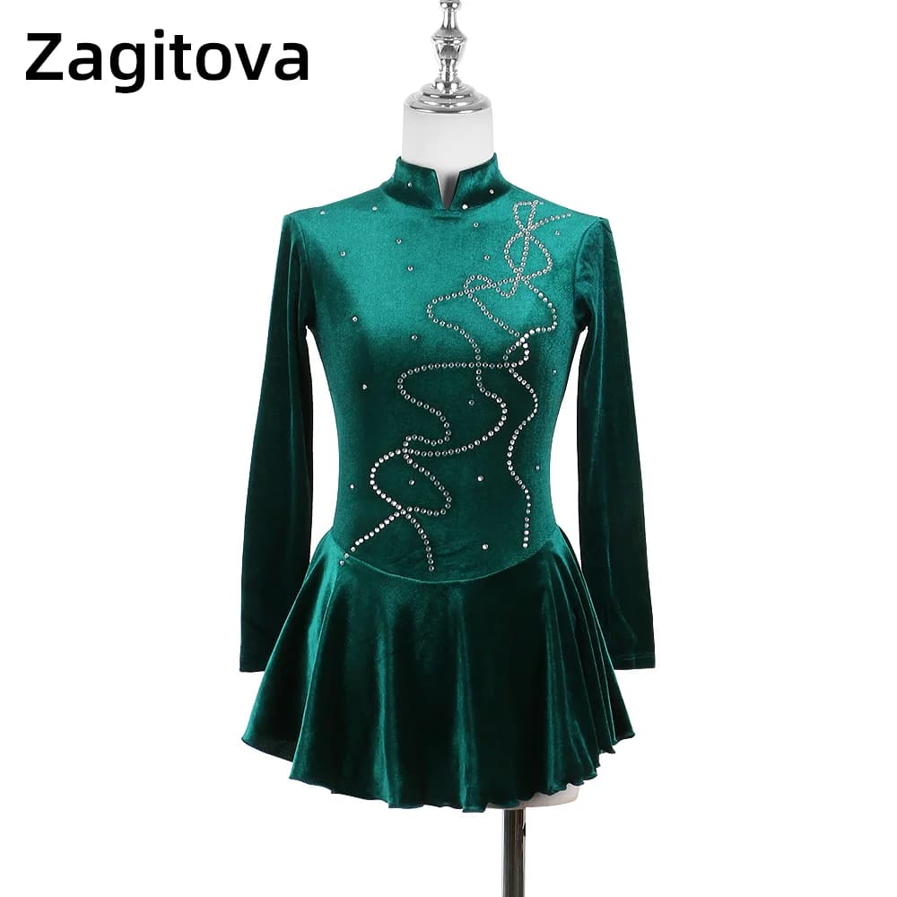 Abito da pattinaggio di figura di Zagitova per le donne gonna da pattinaggio su ghiaccio per ragazze concorso di prestazioni velluto coreano verde nerastro