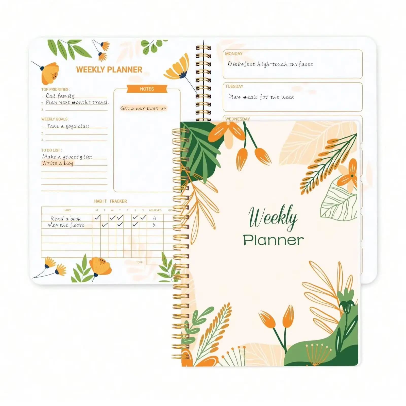 Agenda settimanale floreale a spirale con tracker delle abitudini, lista delle cose da fare, appunti, agenda portatile senza data.