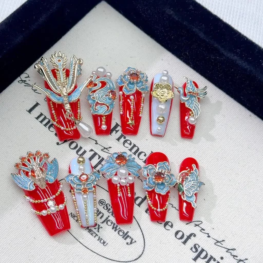 Phoenix Luxury Chinese Handmade Press On Nails Red Flourishing Wedding Nail Art Festival Hanfu Fake Nails New Year Gift
