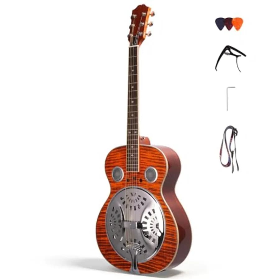 Acoustic Resonator Guitar for Country Bluegrass Folk Blues, Spruce Top, Country Blue, Includes Strap Capo Picks Wrench, Full Si