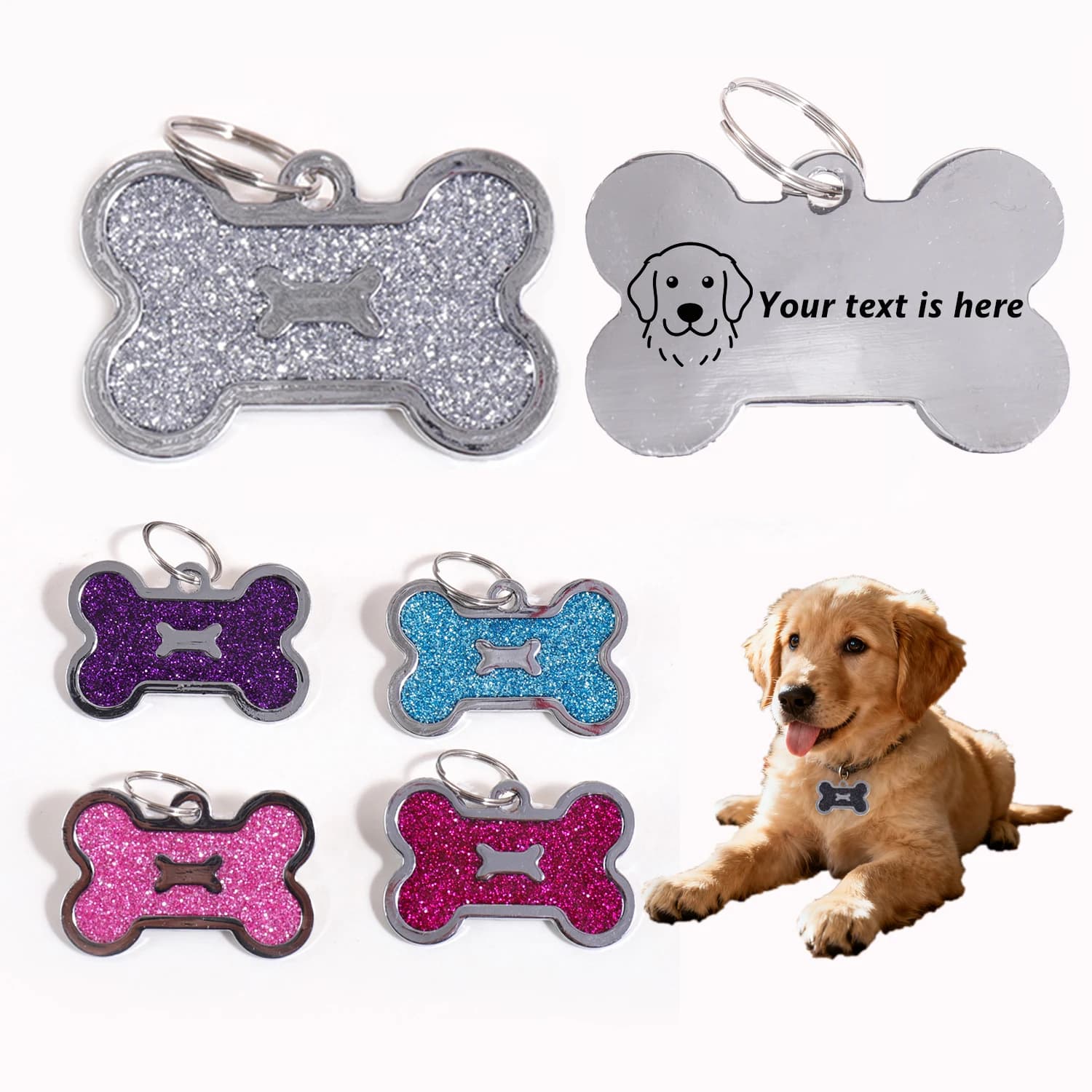Targhette per Cani Personalizzate con Testo Glitterato, Targhetta ID per Cani con Nome Personalizzato, Incisione Laser di Testo e Numero, Ciondolo per Collare, Targhetta ID Personalizzata per Animali Domestici