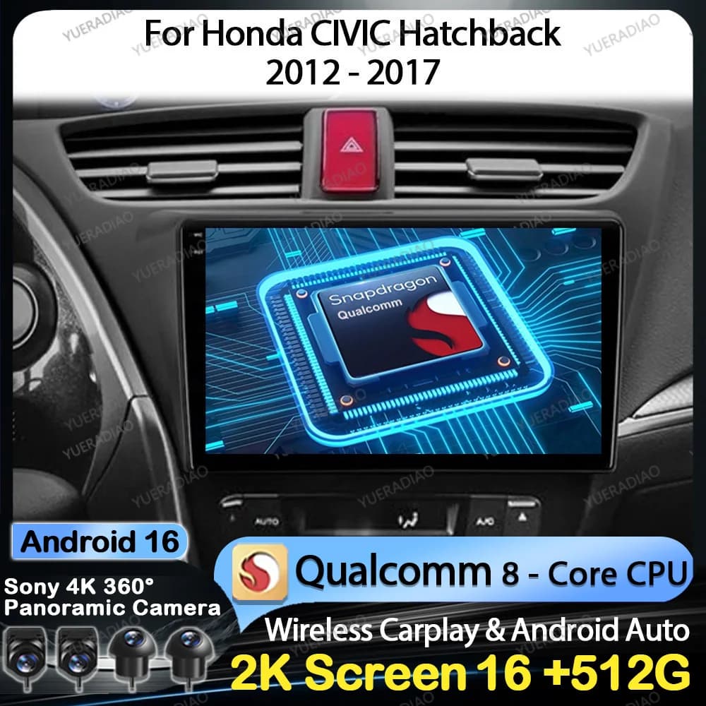 Android 16 Car Radio For Honda CIVIC Hatchback 2012 2013 2014 2015 - 2017 Multimedia Stereo Video Player BT GPS NAVI Qualcomm
