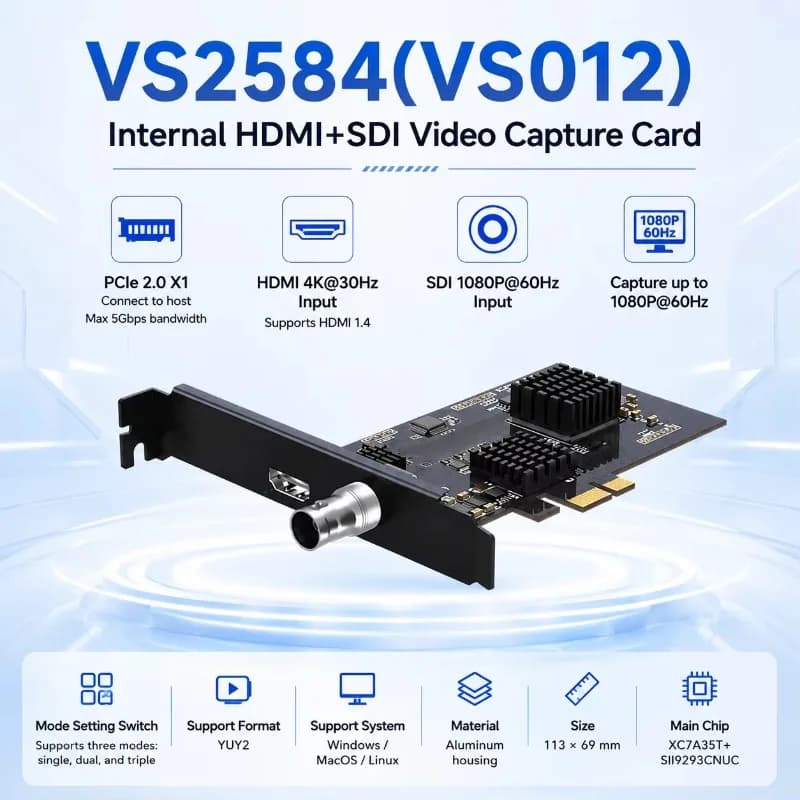 PCIe 2.0 X1 HDMI+SDI Hybrid Capture Card 4K30 HDMI /1080P60 SDI YUY2 Single/Dual/Triple Mode Internal Video Capture Card
