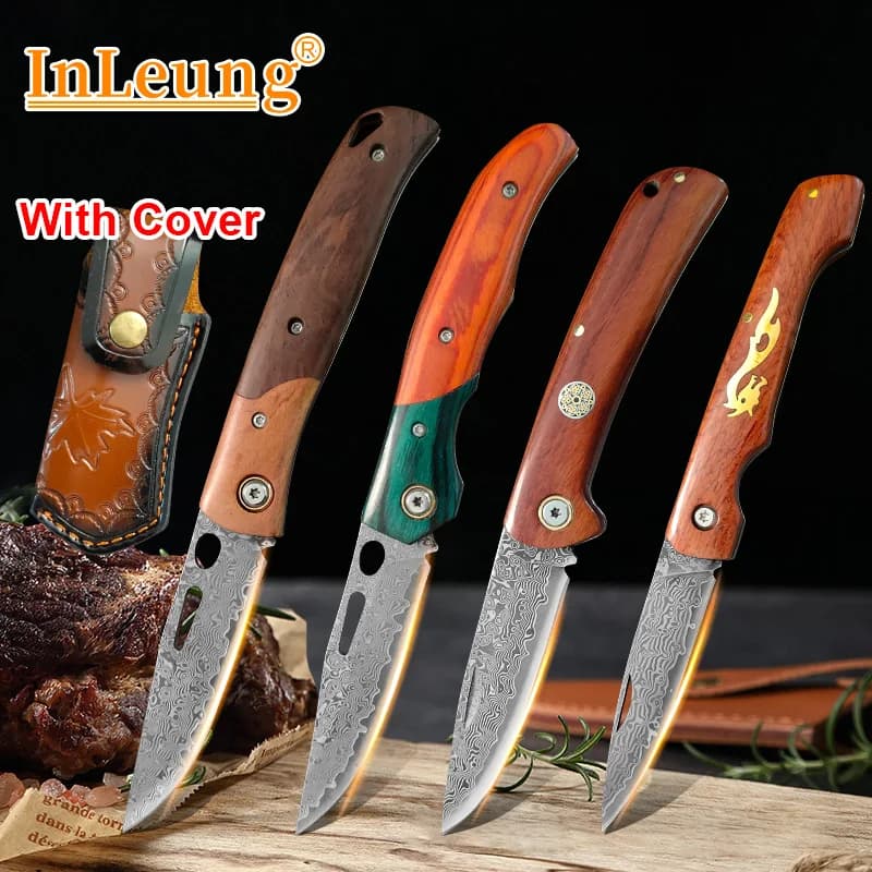 Hand-Forged Damascus Steel Folding Knife Wood Handle sharp for Cleaver Meat Vegetables Slicing Fish Kitchen Knives Cutting Tool