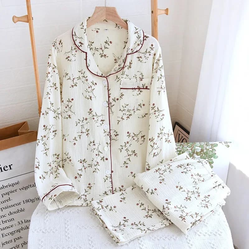 2025 Japanese Spring and Autumn New Women's Pajama Set 100% Cotton Crepe Long sleeved Pants Cardigan Cute Plus Size Home Fury