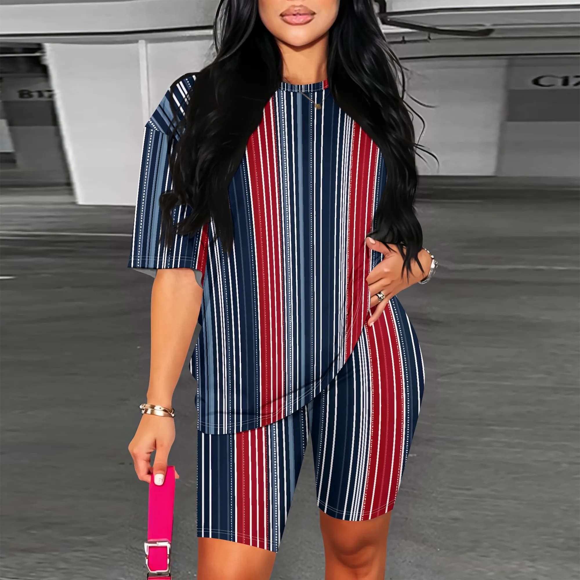 Striped Print, Short Sleeve Top And Shorts Set, Vertical Lines Pattern, Summer Casual Wear For Women, S-2XL