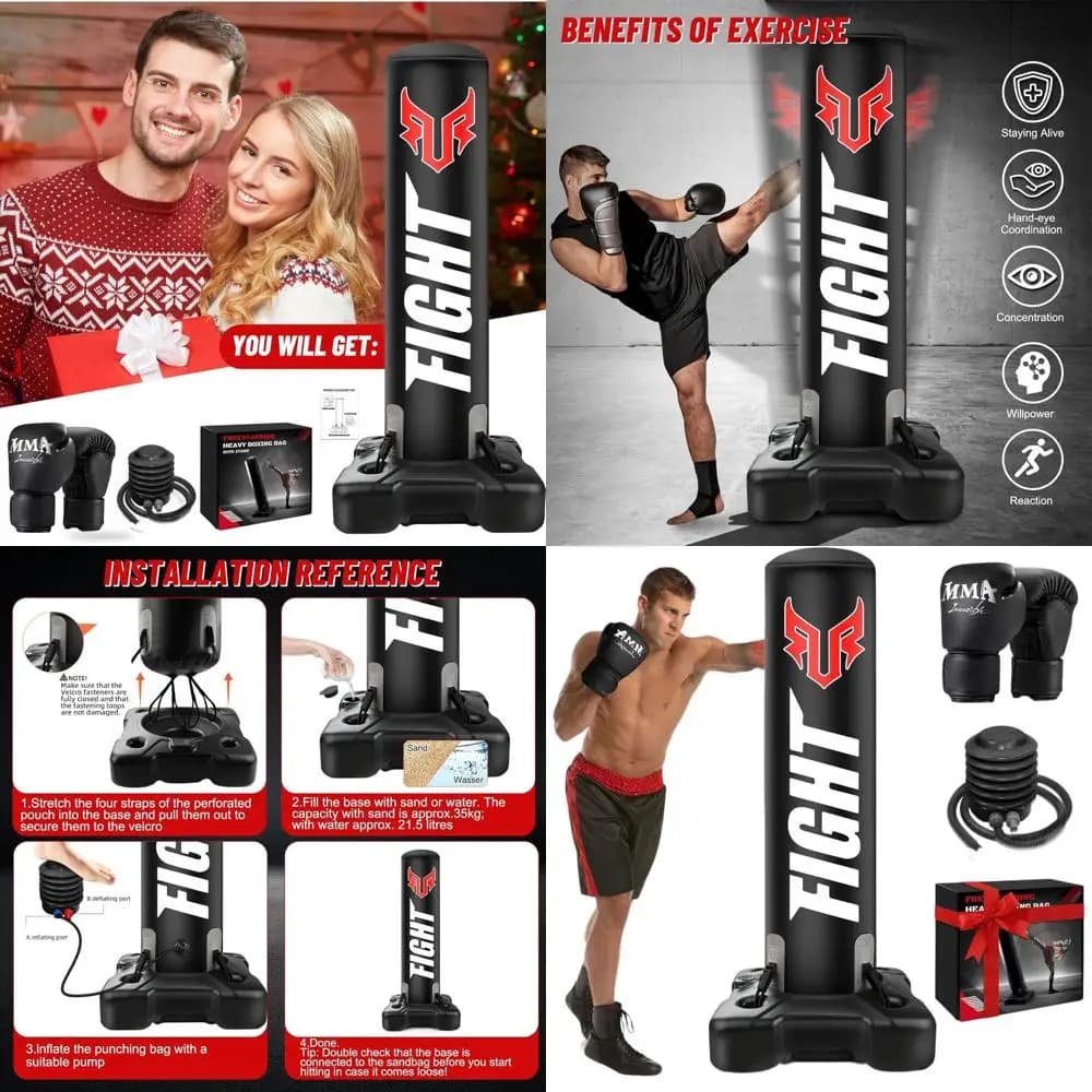 Vertical Boxing Bag for Adults, Boxing Bag with Improved Base and Support, Kickboxing Bag with MMA Gloves and Pump, Carpet Thick 0.7 mm