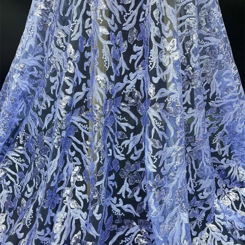 150cm Wide Composite Silk Mesh Fabric with Floral Leaf Embroidery & Precision Sequins for Women's Dresses F063