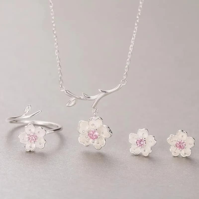 Eleganti set di gioielli con zirconi cubici con fiori di ciliegio rosa per le donne, collane floreali, bracciali, orecchini, anelli, gioielli da sposa