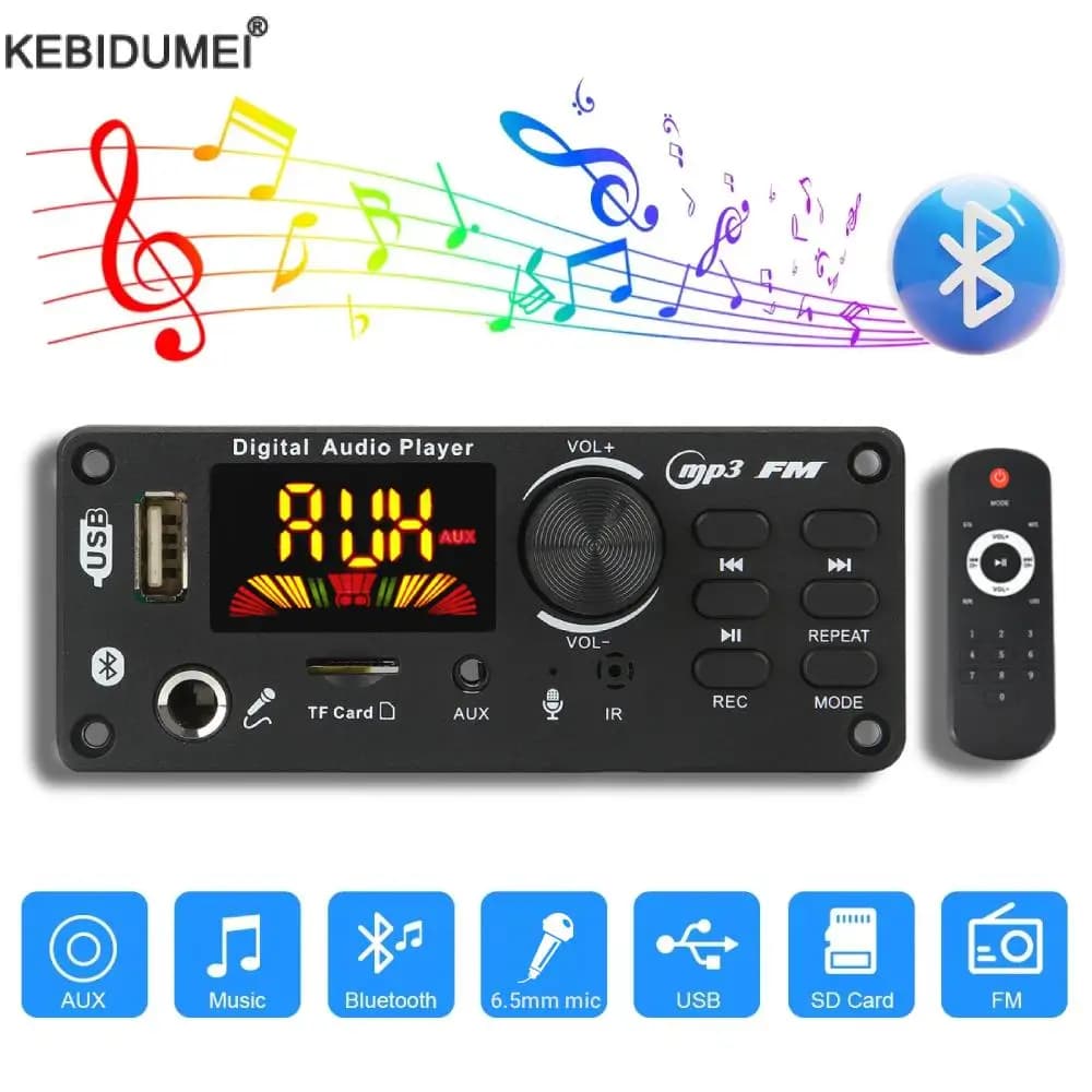 Scheda di decodifica MP3 Bluetooth da 80 W Scheda di decodifica MP3 WAV fai da te DC 12V Lettore MP3 USB per auto senza fili Slot per scheda TF USB FM con microfono da 6,5 mm