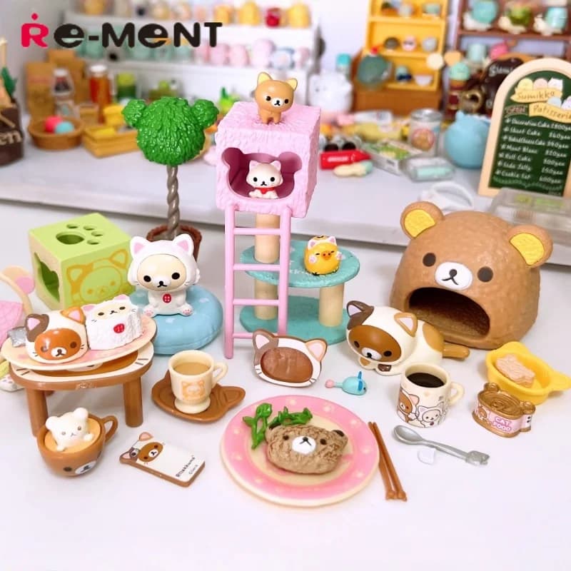 Re-Ment Rilakkuma Blind Box Cat Cafe Miniature Micro Landscape Ornament Dollhouse Decoration Collectible Bear Figurine