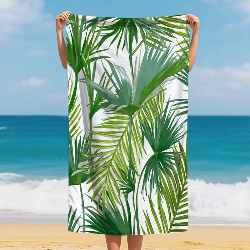 Telo mare Botanical Paradise - Foglie tropicali ad acquerello su sfondo bianco, morbido telo anti-sabbia per viaggi e giornate in spiaggia