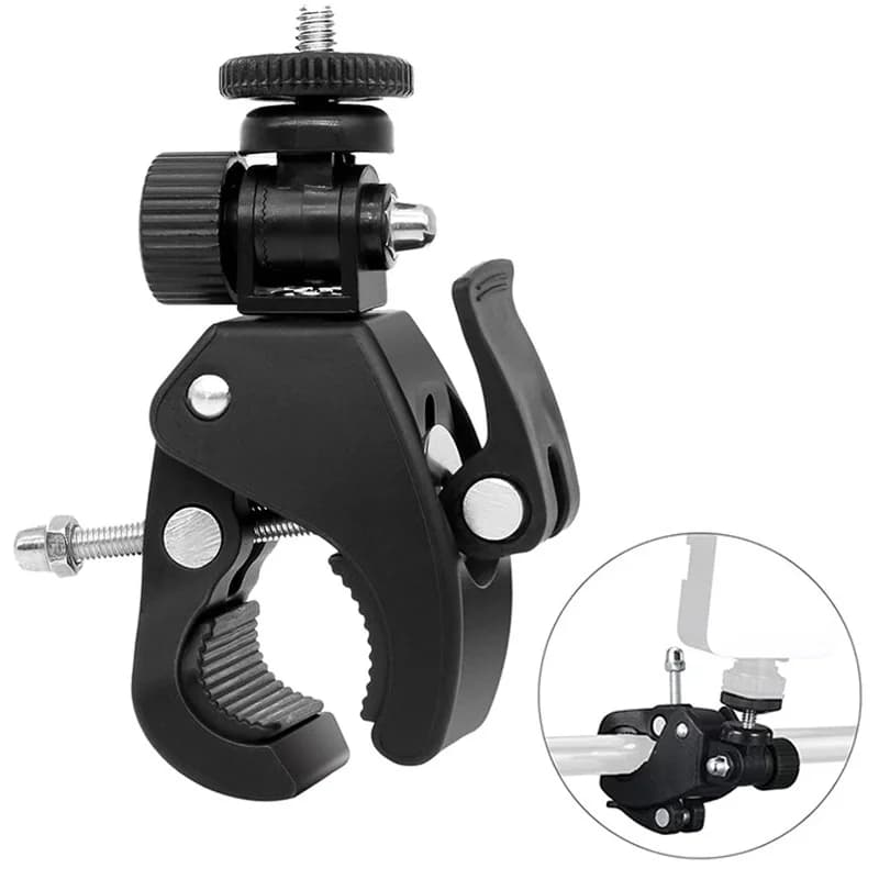 Supporto a morsetto per manubrio di bicicletta con rotazione a 360 gradi, attacco a vite da 1/4 per fotocamera DV, treppiede, clip per GoPro, Insta360 e action cam.