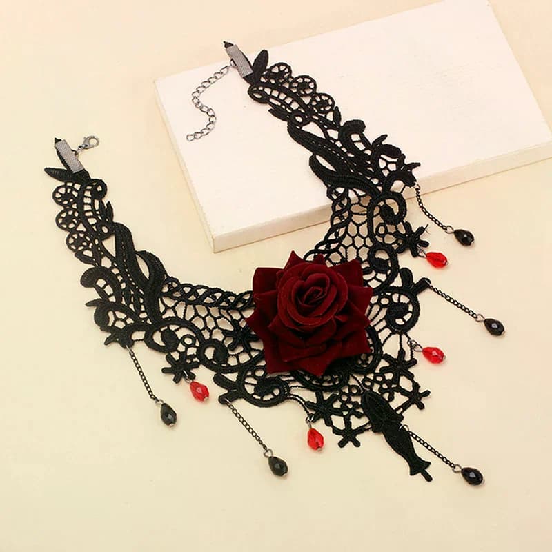 1PCS Punk Flower Charm Pendant Choker Necklace Vintage Gothic Lace Tassel Clavicle Chain For Women Jewelry