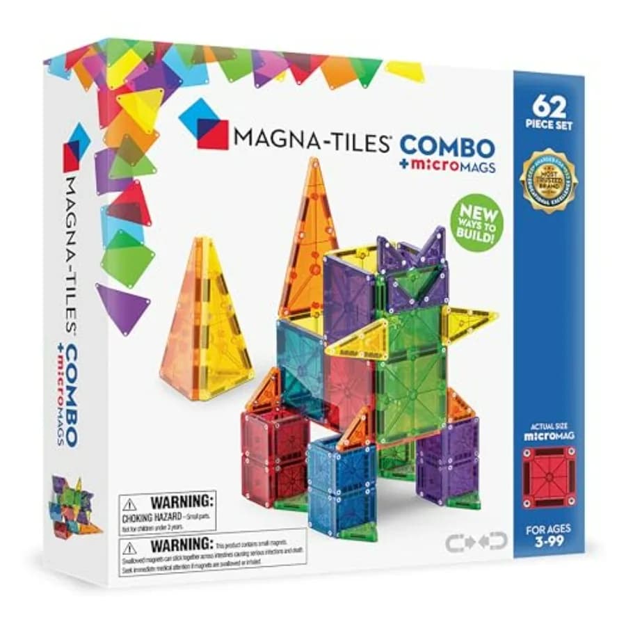 Set di Costruzioni Magnetiche Magna-Tiles Combo da 62 Pezzi per Piastrelle Acriliche Trasparenti in Diversi Colori, Giocattolo Creativo per Costruzioni
