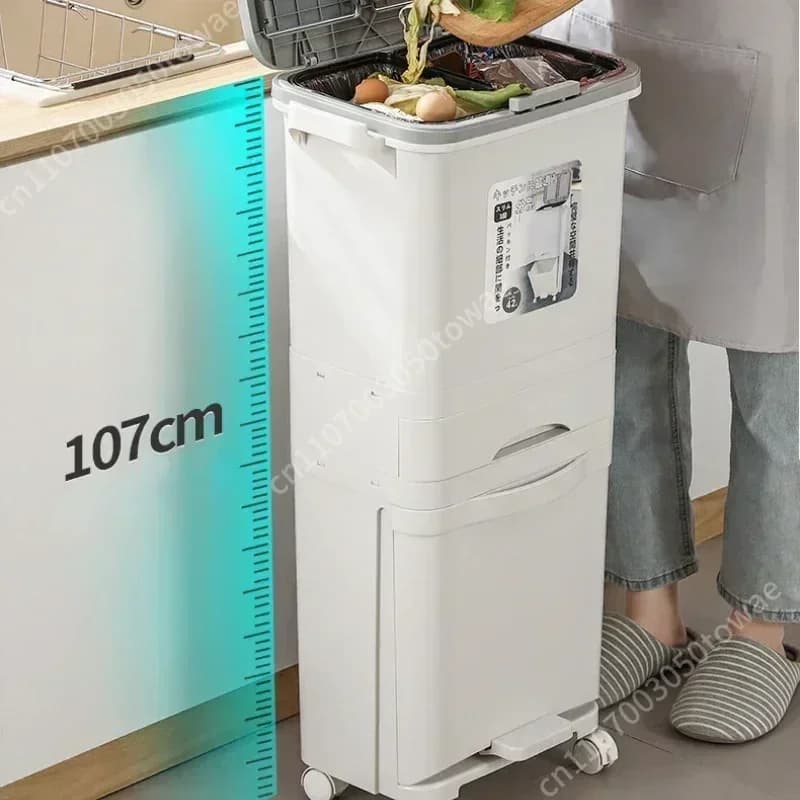 2/3-Tier Classification Trash Can with Pedal & Double Lids, Large Capacity Kitchen Recycling Bin on Wheels for Dry & Wet Waste