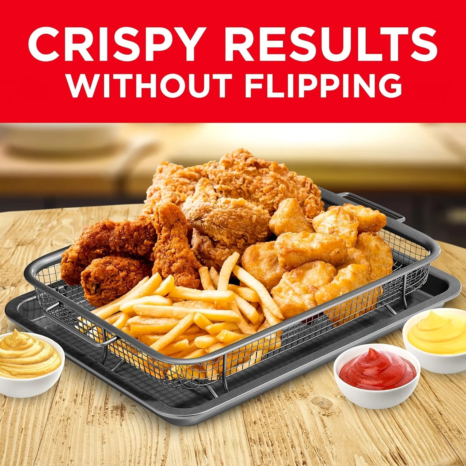 Large Stainless Steel Air Fryer Basket & Baking Pan Set, Non-Stick Crisper Tray Elevated Mesh Oven Rack, Multi-Purpose Bakeware