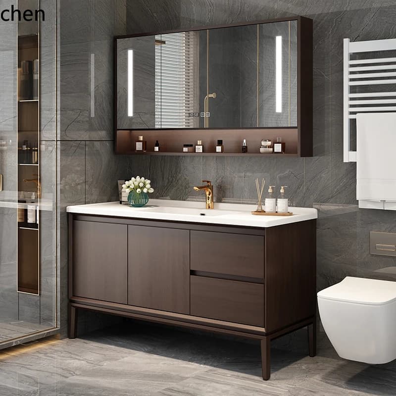 Mobiletto da bagno ZML, mobiletto a specchio intelligente, lavabo in ceramica integrato, mobiletto da bagno in legno massello, mobiletto lavabo