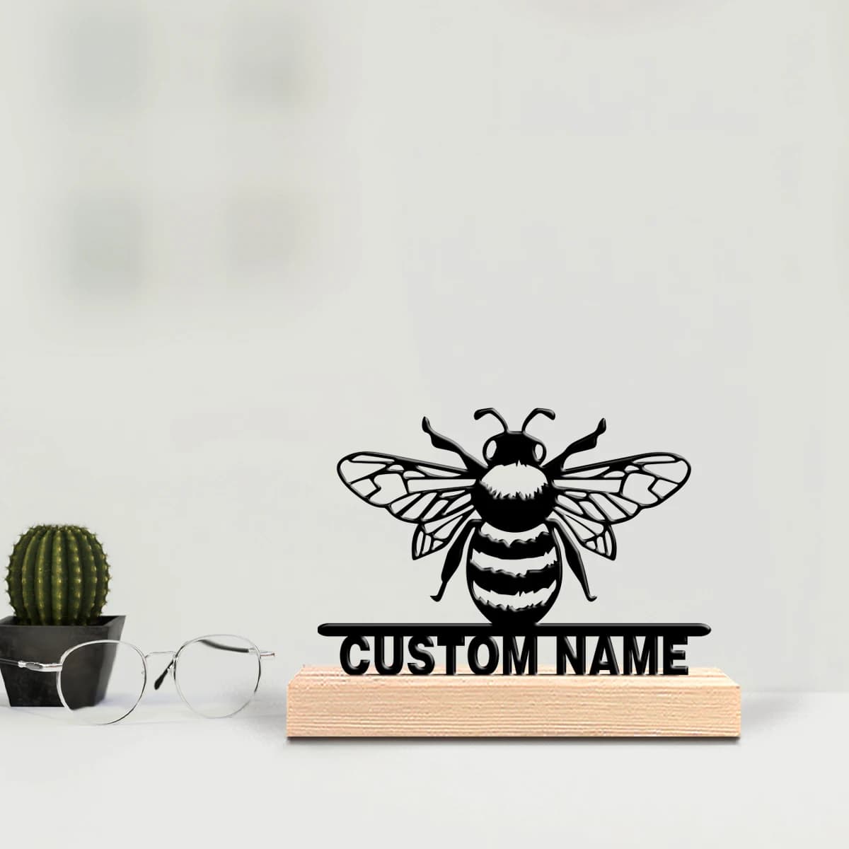 Custom Metal Bee Shape Statue with Wood Base, Table Decoration, Nature Lovers Desk Art