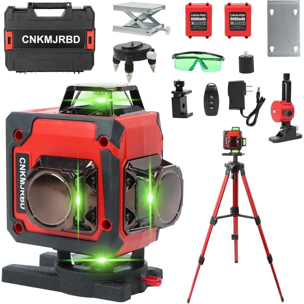 Livella Laser 16 Linee 4x360 ° Croce Verde 4D, con 2 batterie, telecomando, base in alluminio e treppiede da 40 pollici, impermeabile IP-54, Puls