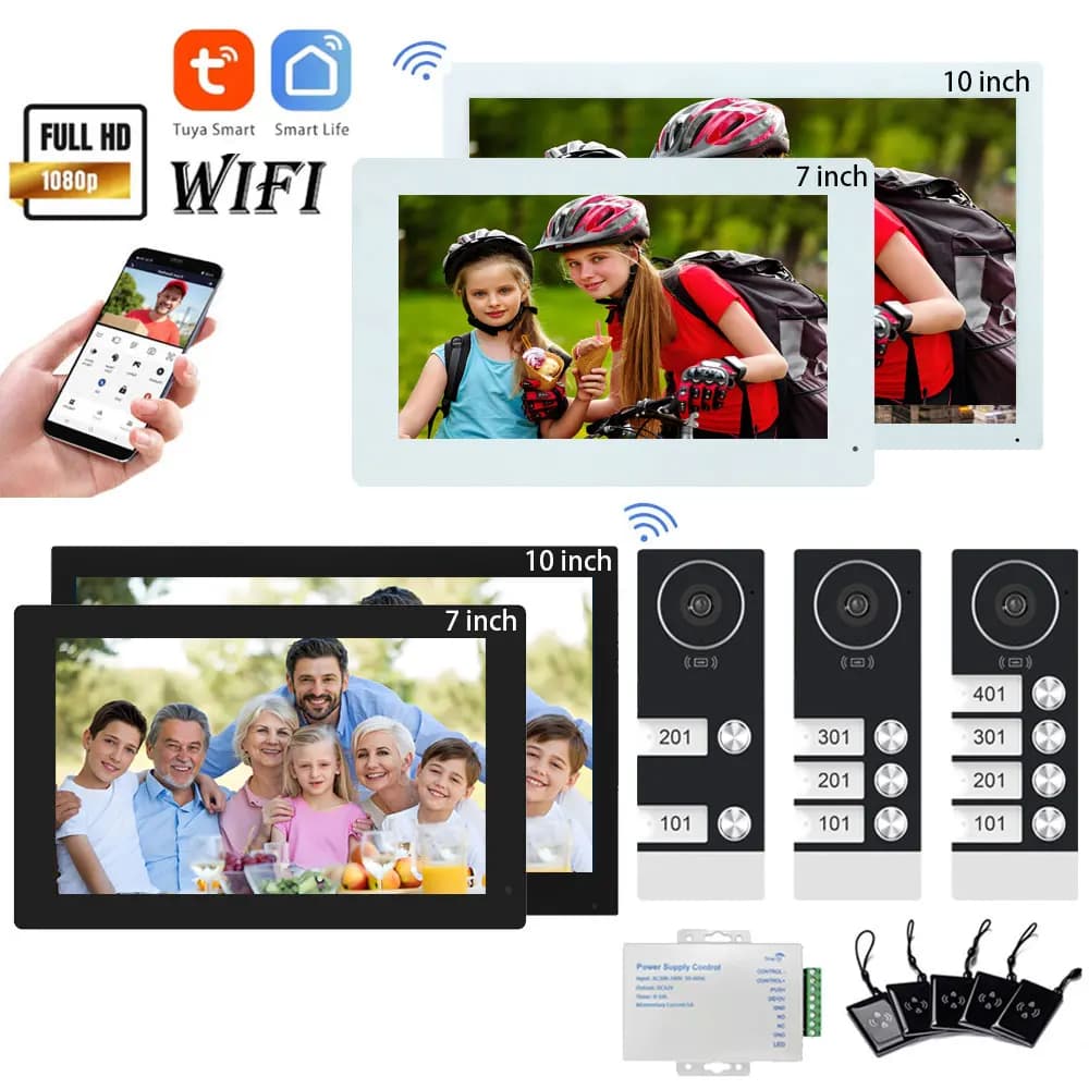 Videocitofono WiFi TUYA 1080P per Edifici Multifamiliari 2/3/4 Appartamenti, Monitor da 7/10 Pollici, Sistema Campanello per Appartamenti Familiari, Opzioni Multiple Fai-da-te