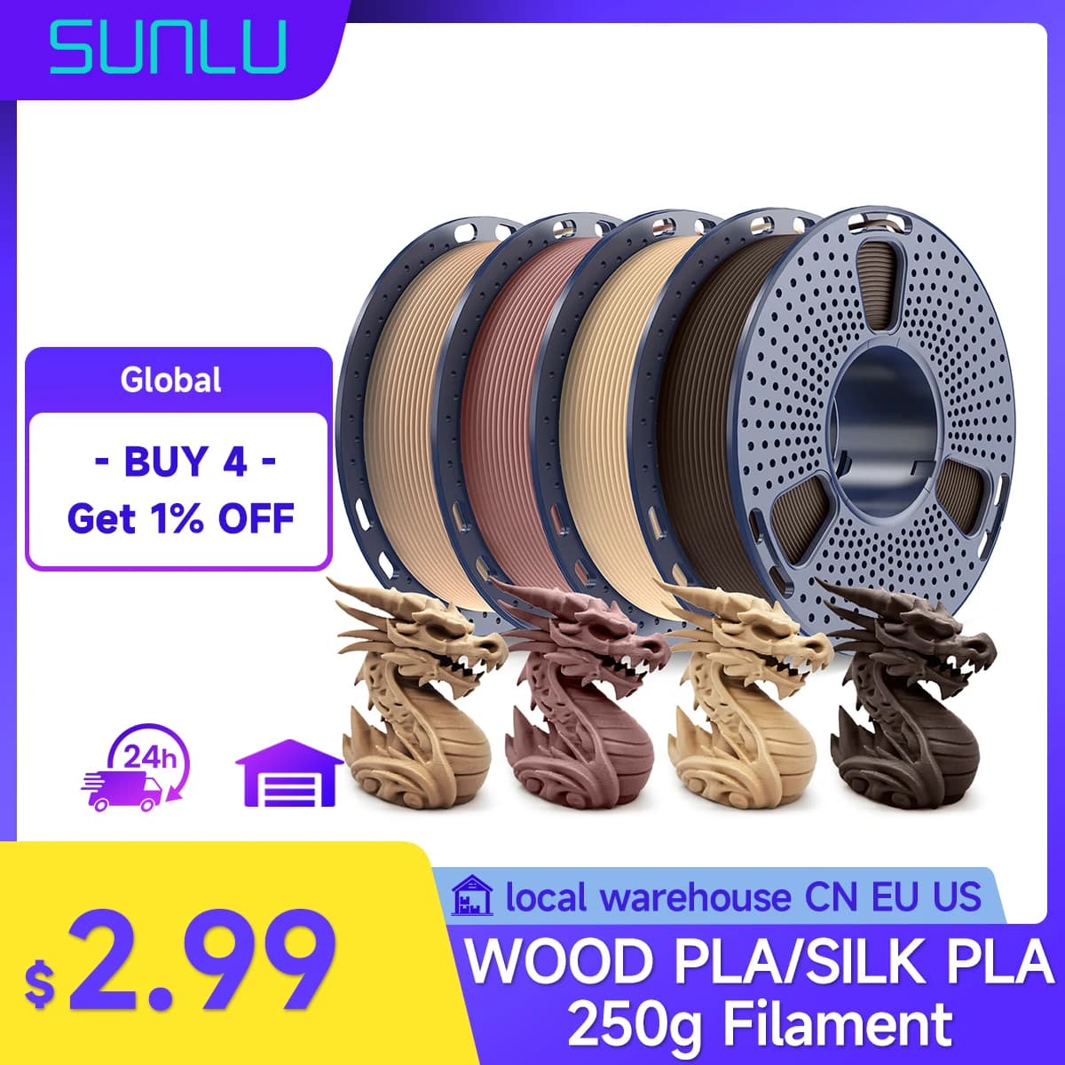 SUNLU Legno PLA/SETA PLA/PLA/PETG Filamento 250g 1.75mm 250g/rotolo Stampante 3D Filamento PLA Struttura del legno Stampanti 3D PLA FDM