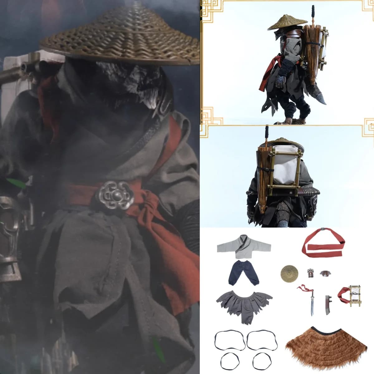 【No Body 】1/12 Scale Male Soldier Handsome Straw Cloak Bamboo Hat Grey Robe Set For 6inch Action Figure Model Toys