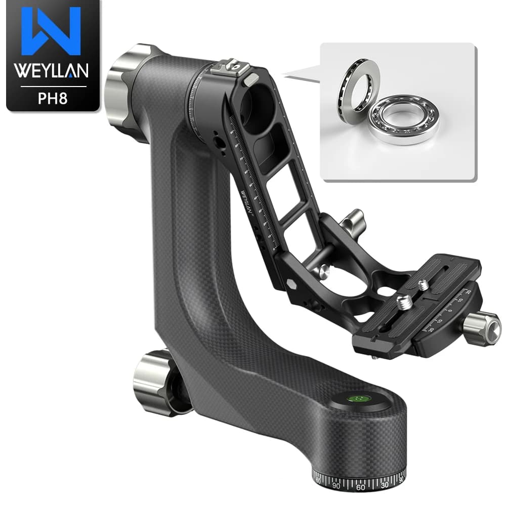 WEYLLAN PH8 Gimbal treppiede testa professionale in fibra di carbonio resistente per telescopio fotocamera DSLR fino a 15kg, piastra Arca Swiss Q.R