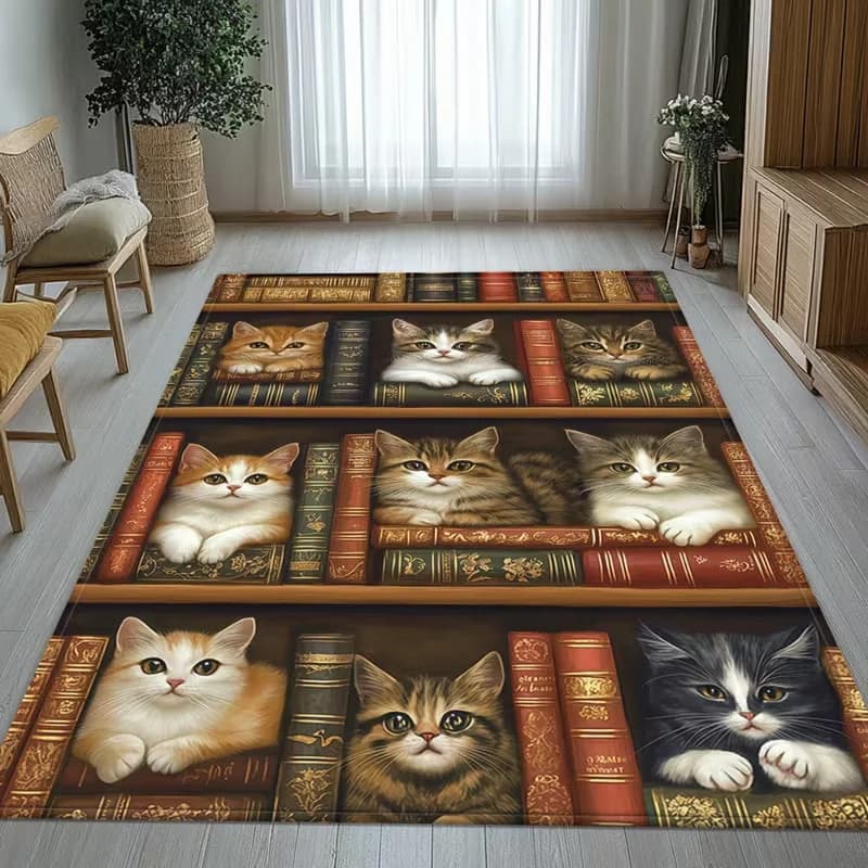 Tappeto con stampa HD di gatti e librerie, per soggiorno, camera da letto, studio, cameretta, corridoio, veranda, tappetino da pavimento, zerbino da interno per ingresso
