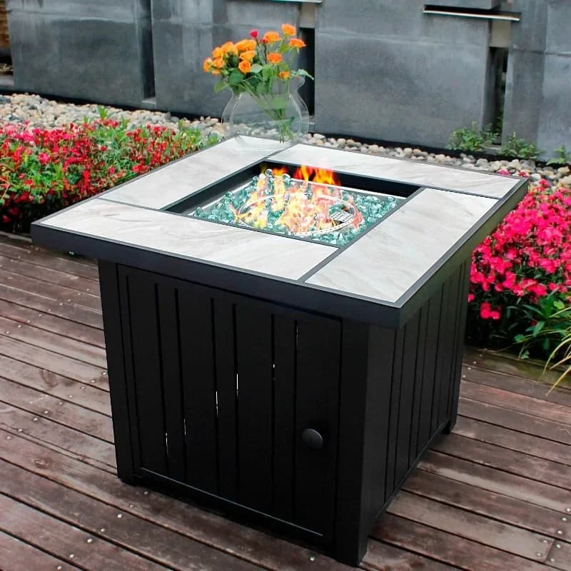 Focolare a propano OutVue con piano in vero ceramica, tavolo braciere a gas da 50.000 BTU con coperchio e rocce in vetro, braciere da esterno