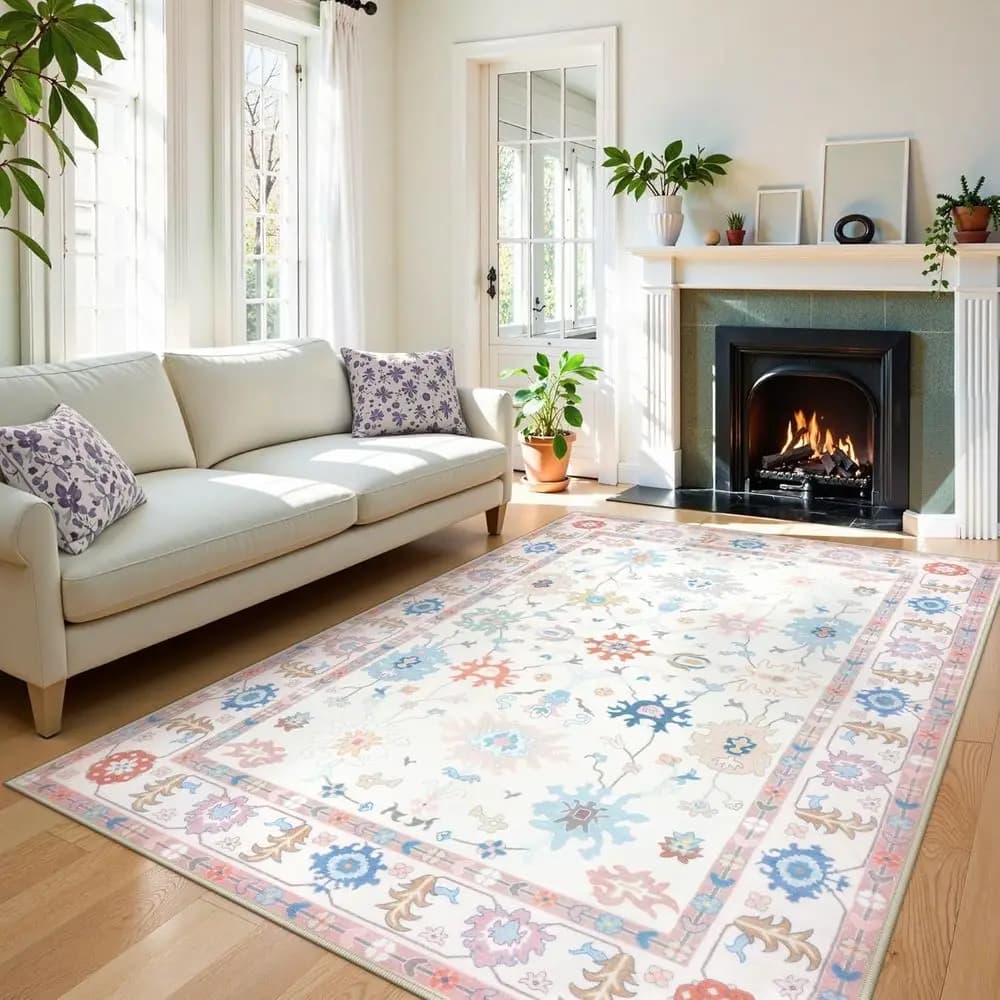 Tappeto Oushak color crema 5x7 - Tappeto da soggiorno morbido e resistente alle macchie, design floreale tradizionale per sala da pranzo, stile turco lavabile