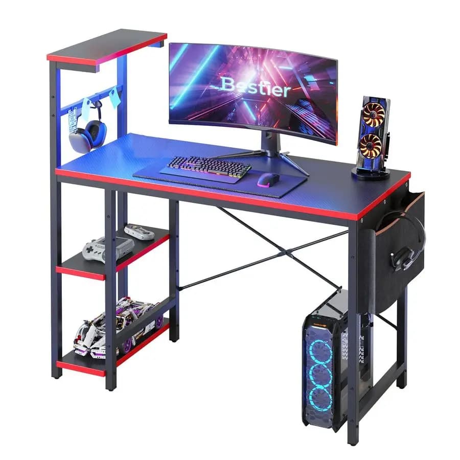 Scrivania da gaming con luci LED, scrivania per PC da 44 pollici per piccoli spazi, scrivania per computer con ripiani reversibili e spazio laterale