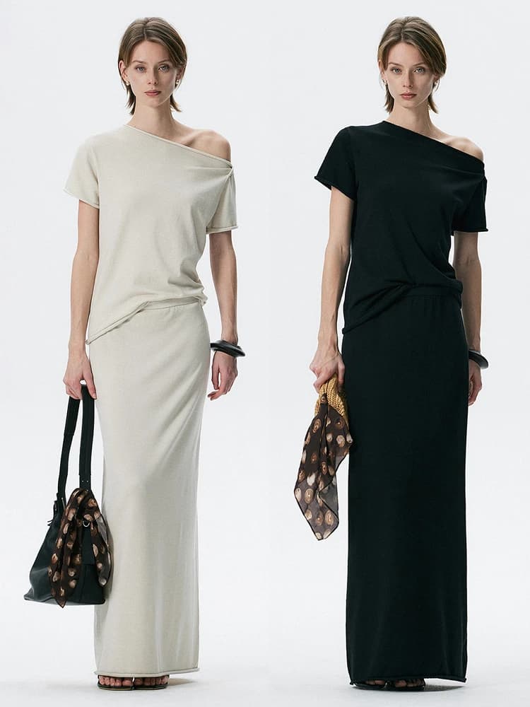 Thoransaura Nuovo Completo Estivo da Donna: Top Asimmetrico Lavorato a Maglia e Gonna Dritta, Set Due Pezzi alla Moda con Maniche Corte