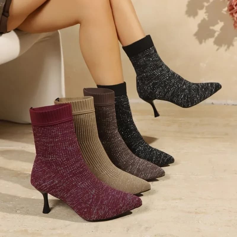 Ladies Sparkly Knitted Stretch Booties Point Toe Stiletto Heel Fashion Sock Ankle Boots