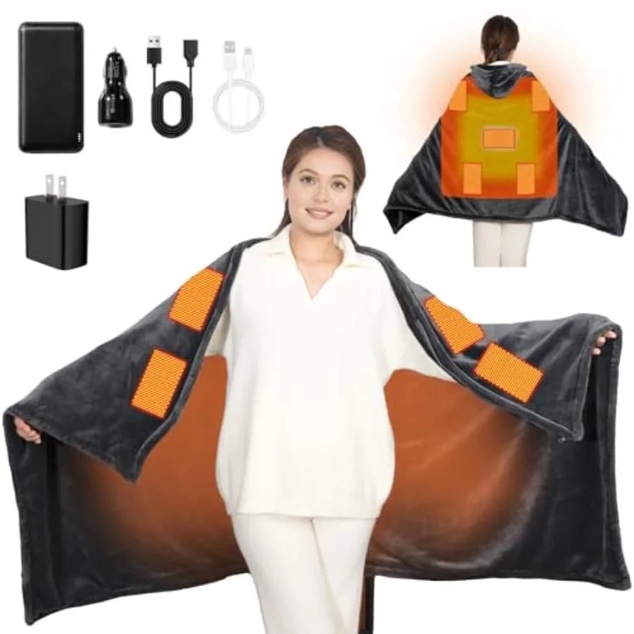 Coperta Riscaldata Senza Fili con Cappuccio, Alimentata a Batteria USB, con 9 Zone di Riscaldamento, Power Bank da 20000 mAh, 3 Livelli di Calore