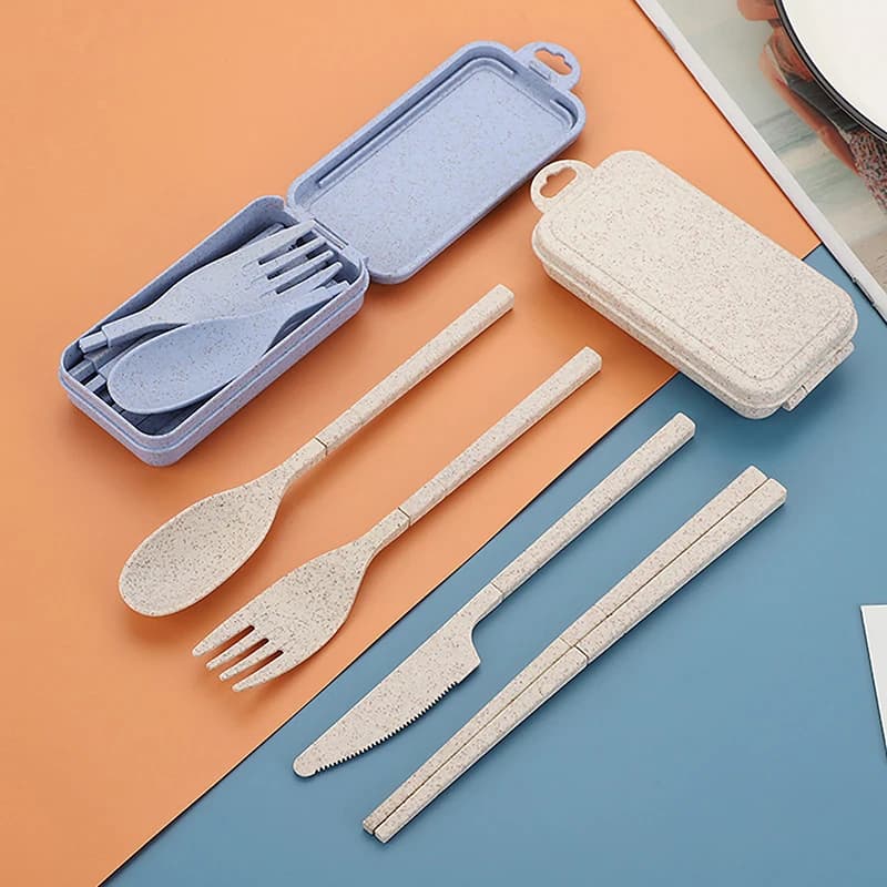 Set di posate con forchetta in paglia di grano portatile Set di posate pieghevoli con bacchette con scatola accessori da cucina da viaggio