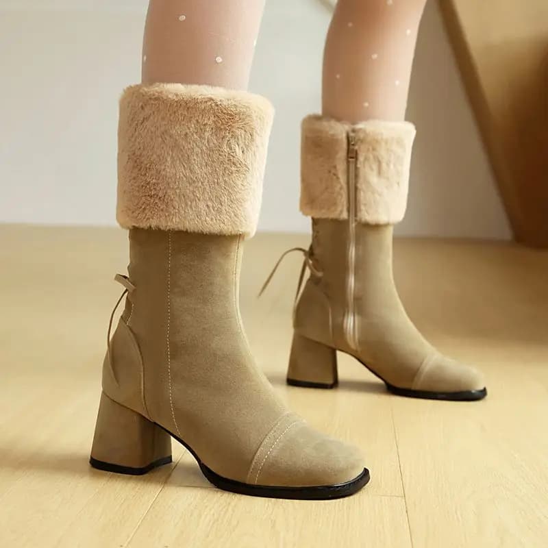 ORCHA LISA Women's Winter Boots Square Toe 6cm Block Heel Fur Flock Suede Zip Lace Up Yellow Apricot Big Size 41-43 Warm