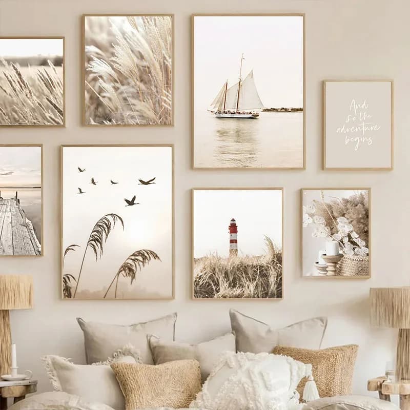 1pcs(No frame) Lake Beach Landscape Canvas Painting Wall Art Bohemia Beige Grass Flower Reed Poster and Print Picture Home Livin