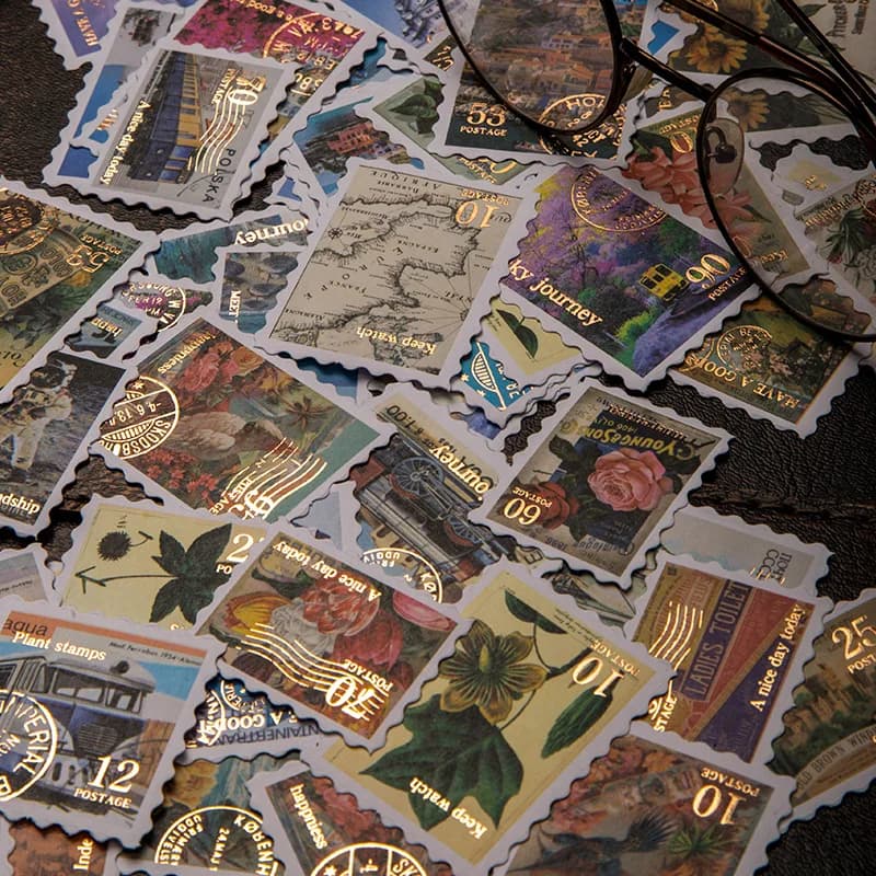 30pcs/pack Travel Philatelic Stamp Decorative Gold Stickers DIY Scrapbook Label Diary Stationery Album Journal Sticker