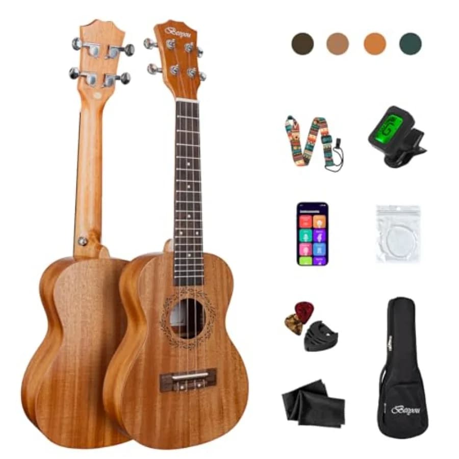 Ukulele da 23 Pollici per Principianti e Adulti, in Mogano, con Accordatore, Borsa per il Trasporto, Tracolla, Corde in Nylon al Carbonio, Plettri C