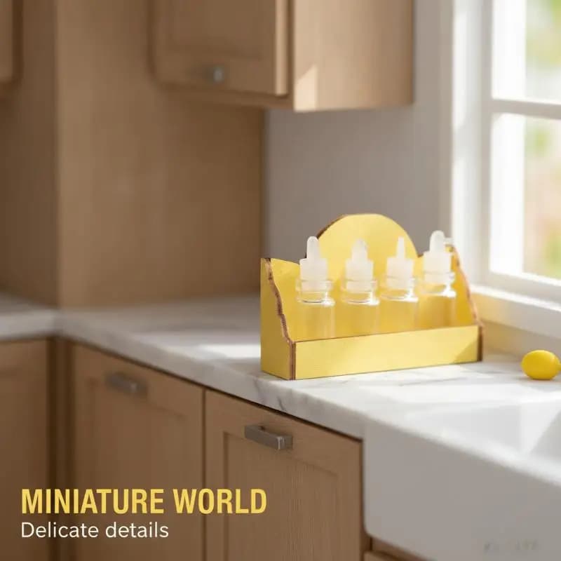 Dollhouse Miniature Spice Rack Set 4 Clear Glass Jars Yellow Wooden Holder for Tiny Living Scene Decoration