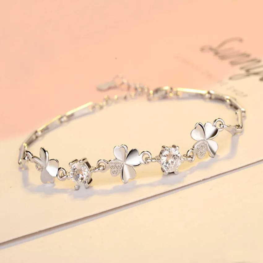 Bracciale in argento sterling 925 con zirconi a forma di trifoglio fortunato, catena di cristalli per le donne, regalo di San Valentino, festa di nozze, gioielli carini 20 cm
