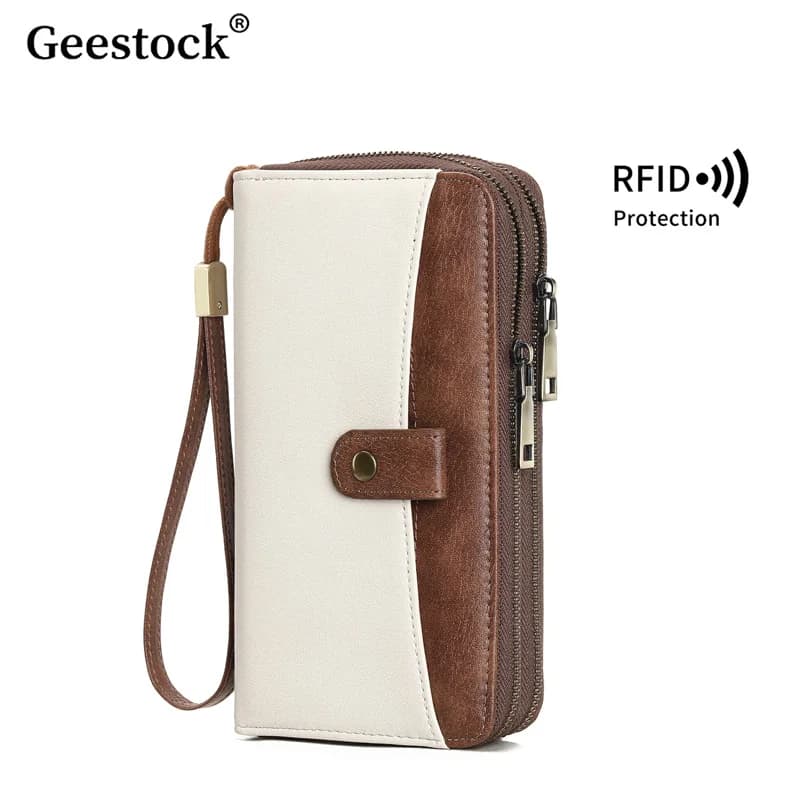 Geestock Portafoglio a maniche lunghe con blocco RFID antifurto Slot per carte di credito Fermasoldi in pelle PU con tasca con cerniera Pochette da uomo