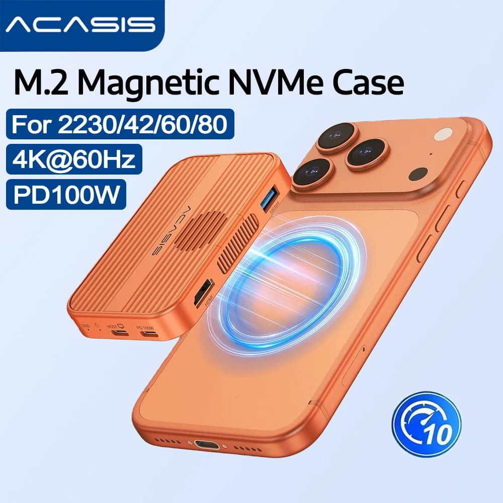 Acasis 10Gbps Magnetic M.2 NVMe SSD Enclosure 6-in-1 USB-C Docking Station con ventola di raffreddamento per iPhone 17/17 Pro/iPhone 16/16