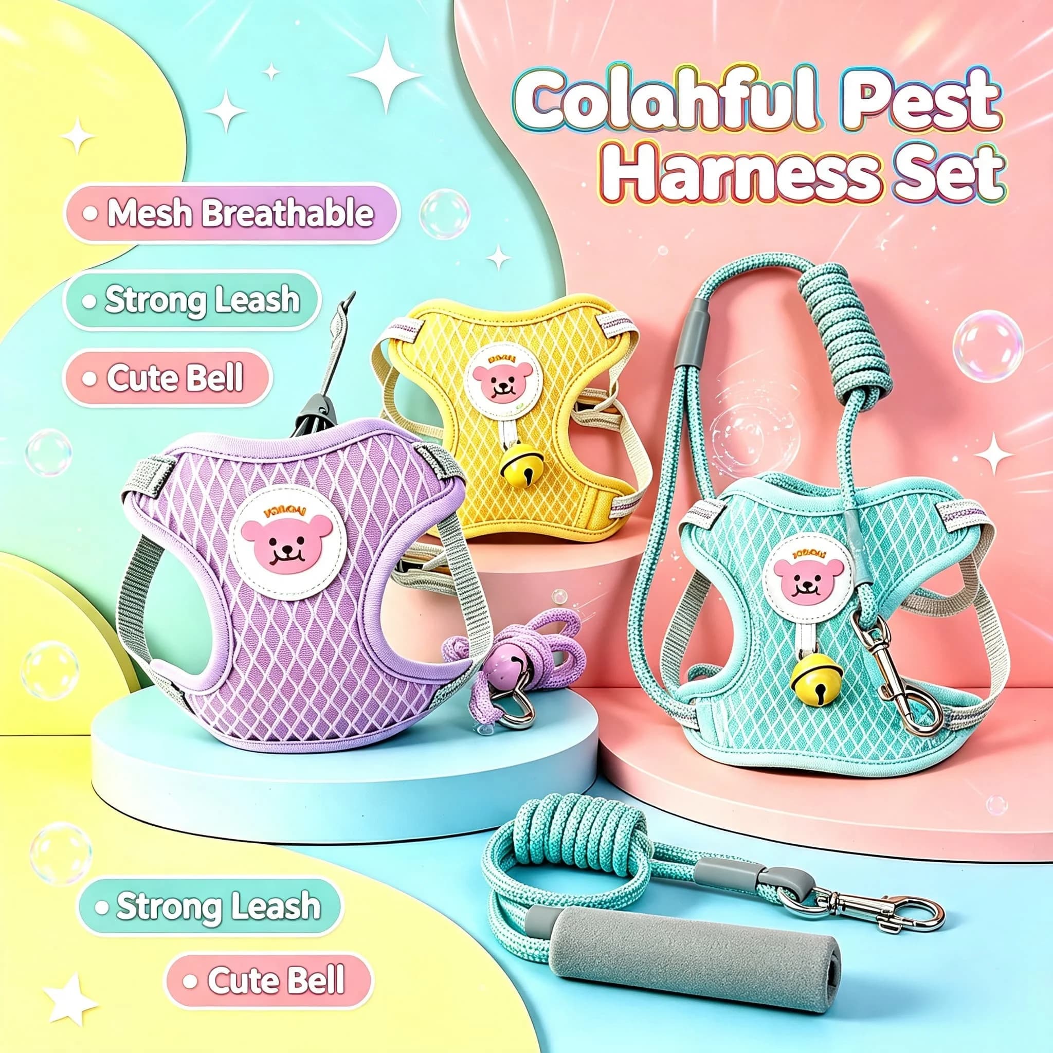 Ergonomic Design Small Dog Harness Leash Set Pastel Color Breathable Mesh Reduces Pulling Pressure