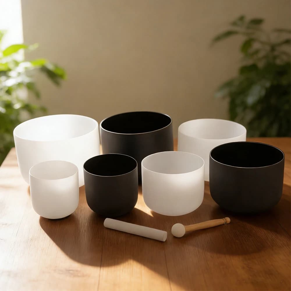 Hye-eun Black&White 7pcs 6-12inch 440/432Hz Crystal Singing Bowl Set with Bag and Rubber Mallet,Sound Healing Instruments