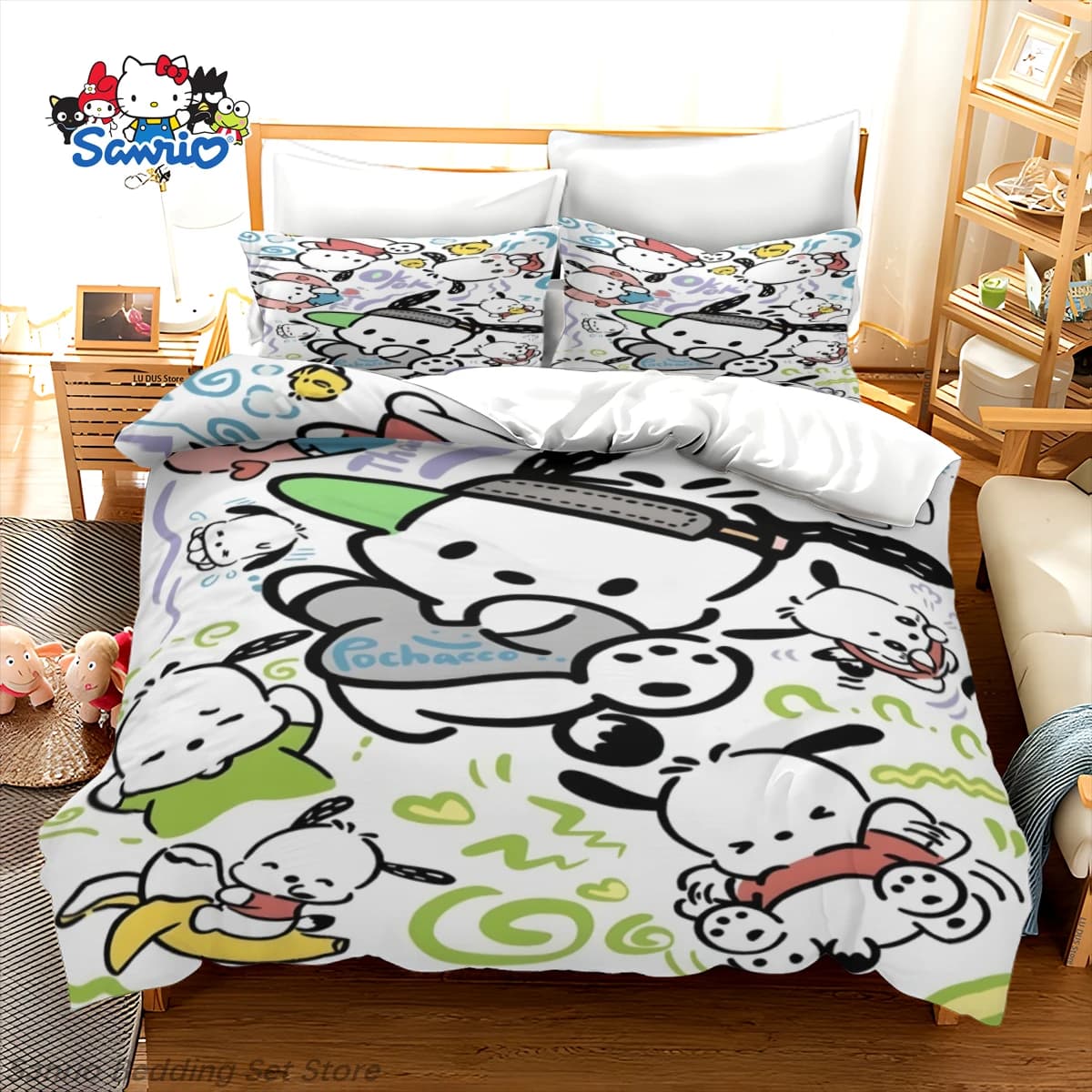Set di Biancheria da Letto Kawaii Sanrio, Copripiumino Pochacco Blu Rosso Bianco, Decorazione per Camera da Letto di Bambini e Adolescenti, Regalo, Misure Queen e King